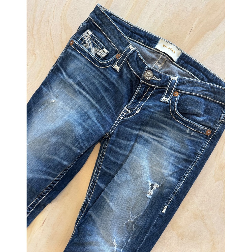 Big Star Liv Cropped Jeans Womens 27‎ Dark Wash Distressed Contrast Stitch Y2K